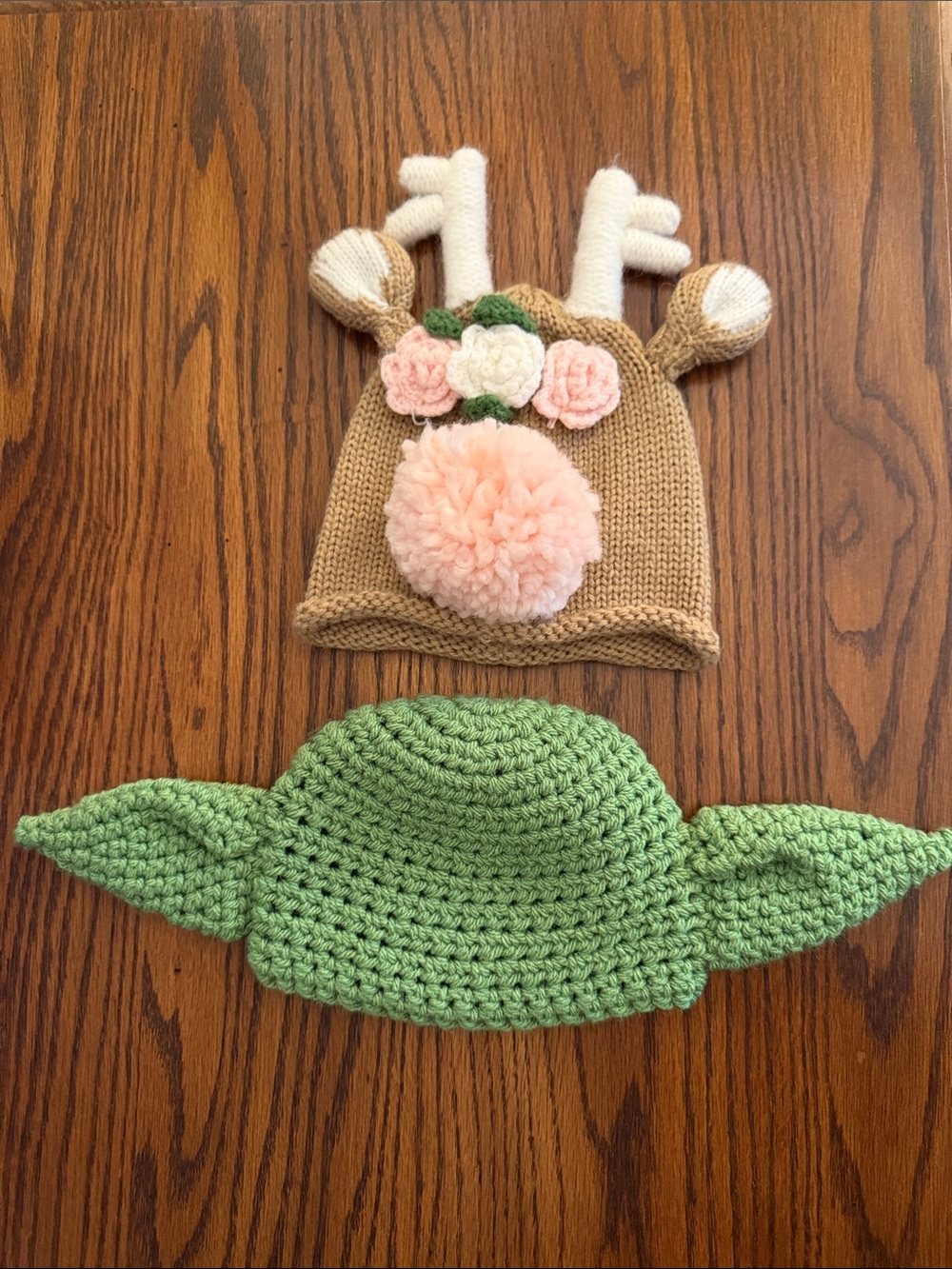 Handmade Newborn Crochet Reindeer Pom Beanie & Baby Yoda Ear Hat Set